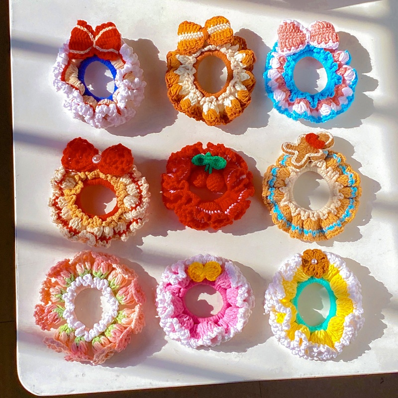 Women's Handmade Knitted Yarn Scrunchie Bellflower Bowknot Hair Tie