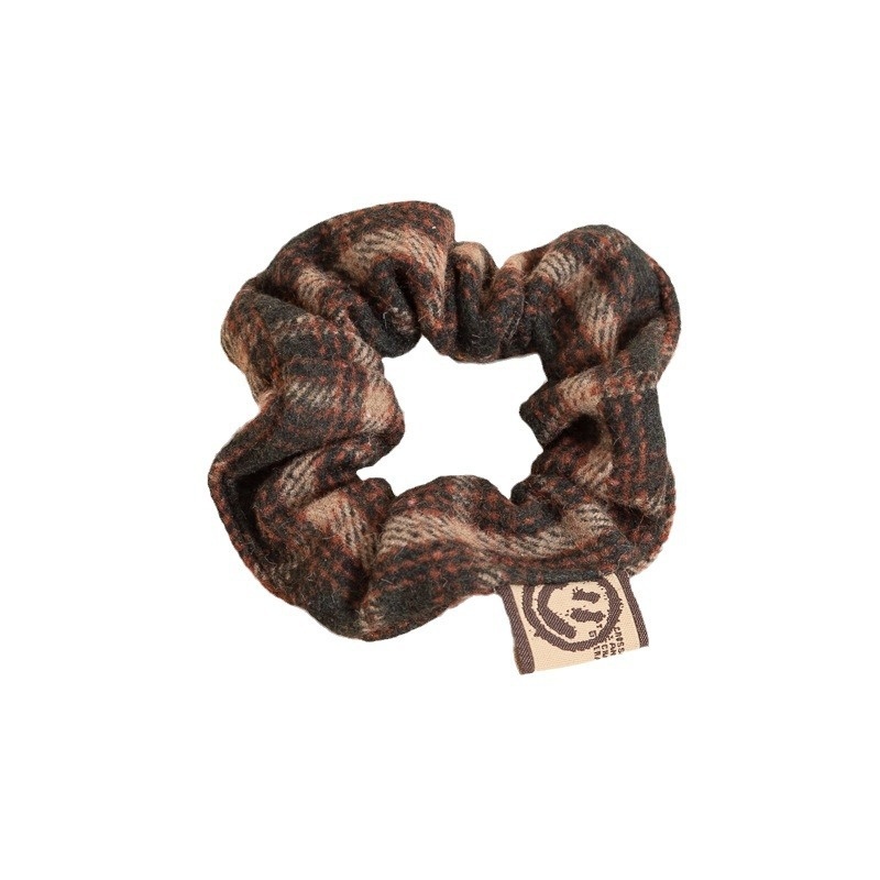 Women's Autumn Winter Wool Ponytail Hair Tie Smiley Plaid Black Coffee Red