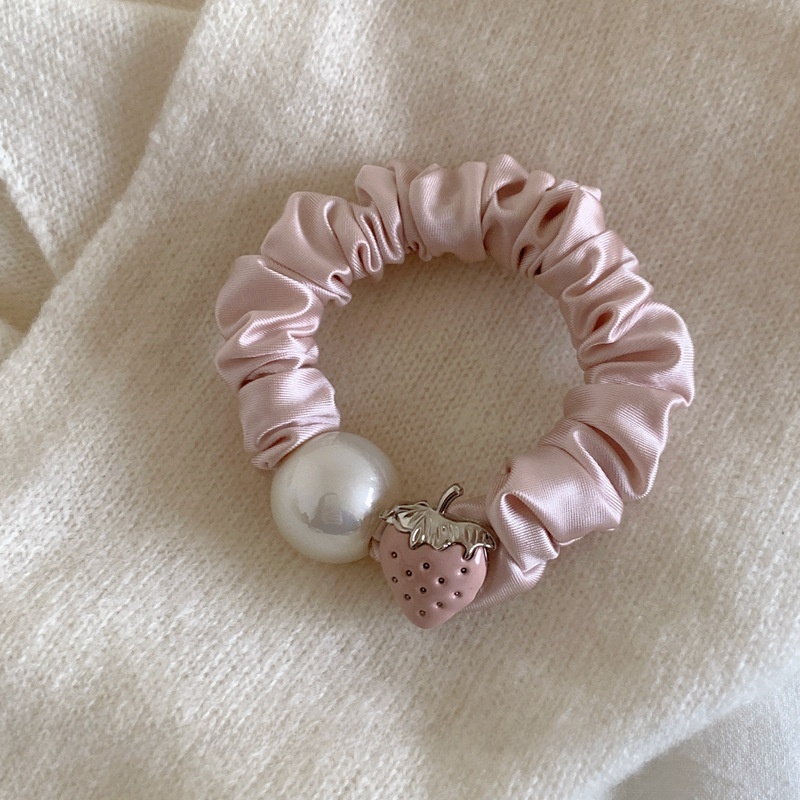Women's Spring Summer Satin Pearl Hair Tie Sweet Pink Strawberry