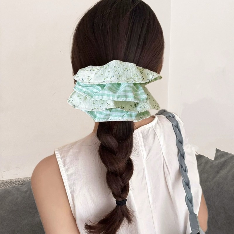 Women's Elegant Cotton Hair Ties Headscarves Blue Plaid Floral