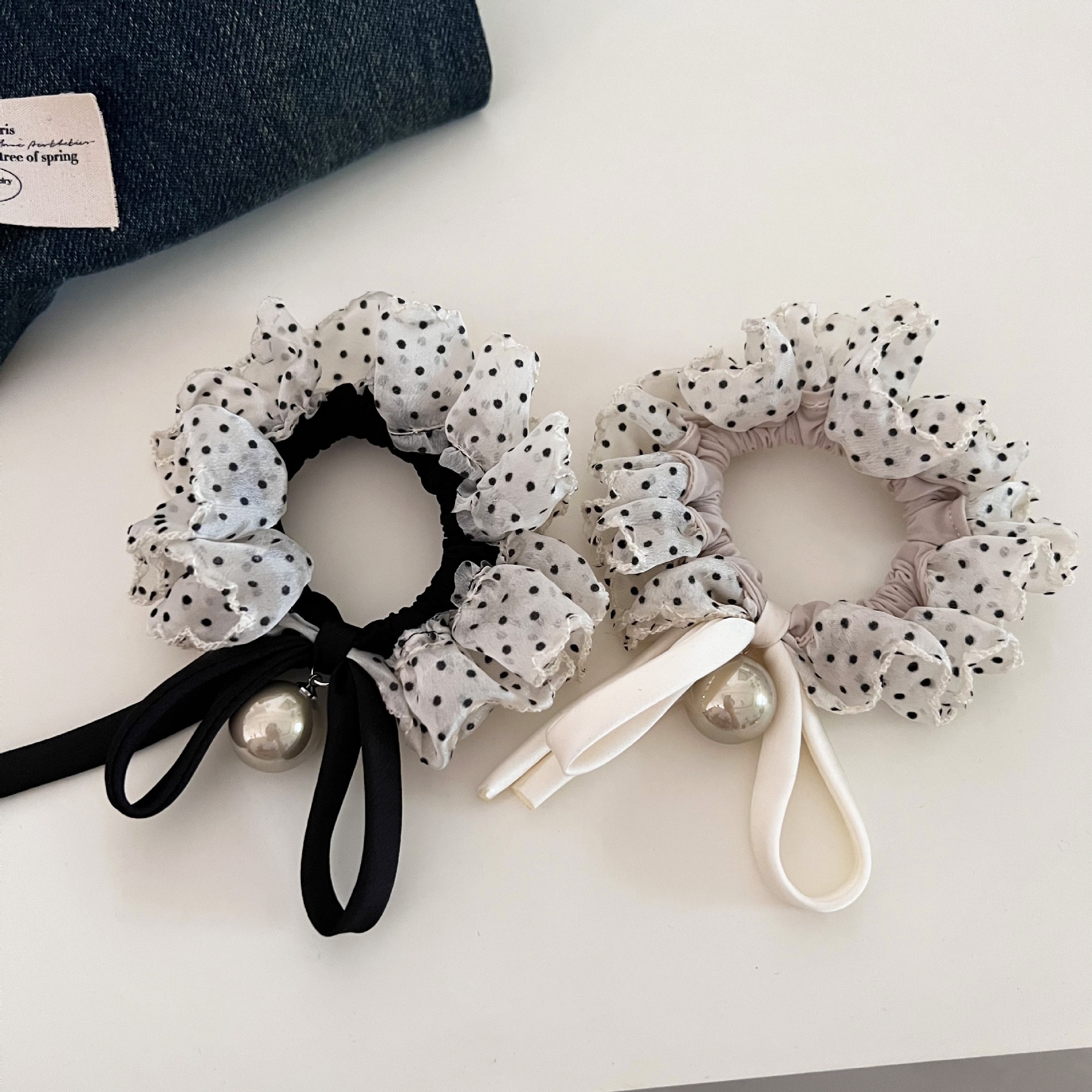 Women's Daily Pearl Bow Elastic Hair Tie Black White Polka Dot Cloth