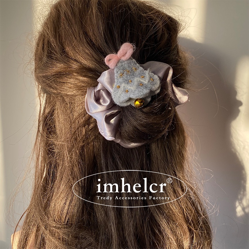 Women Christmas Satin Bow Headband Tree Bell Ponytail Pink Lavender