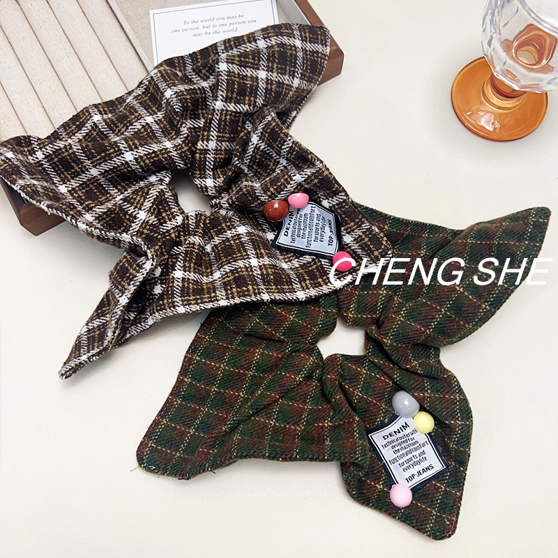 Women's Large Plaid Scarf Hair Tie High Elasticity Fabric Ponytail Holder