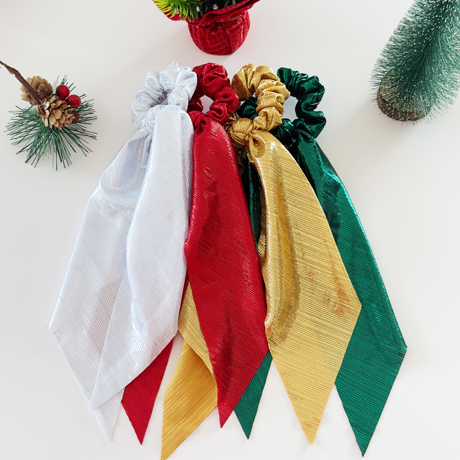 Female Christmas Long Sash Bowknot Hair Tie Shiny Thread Cloth