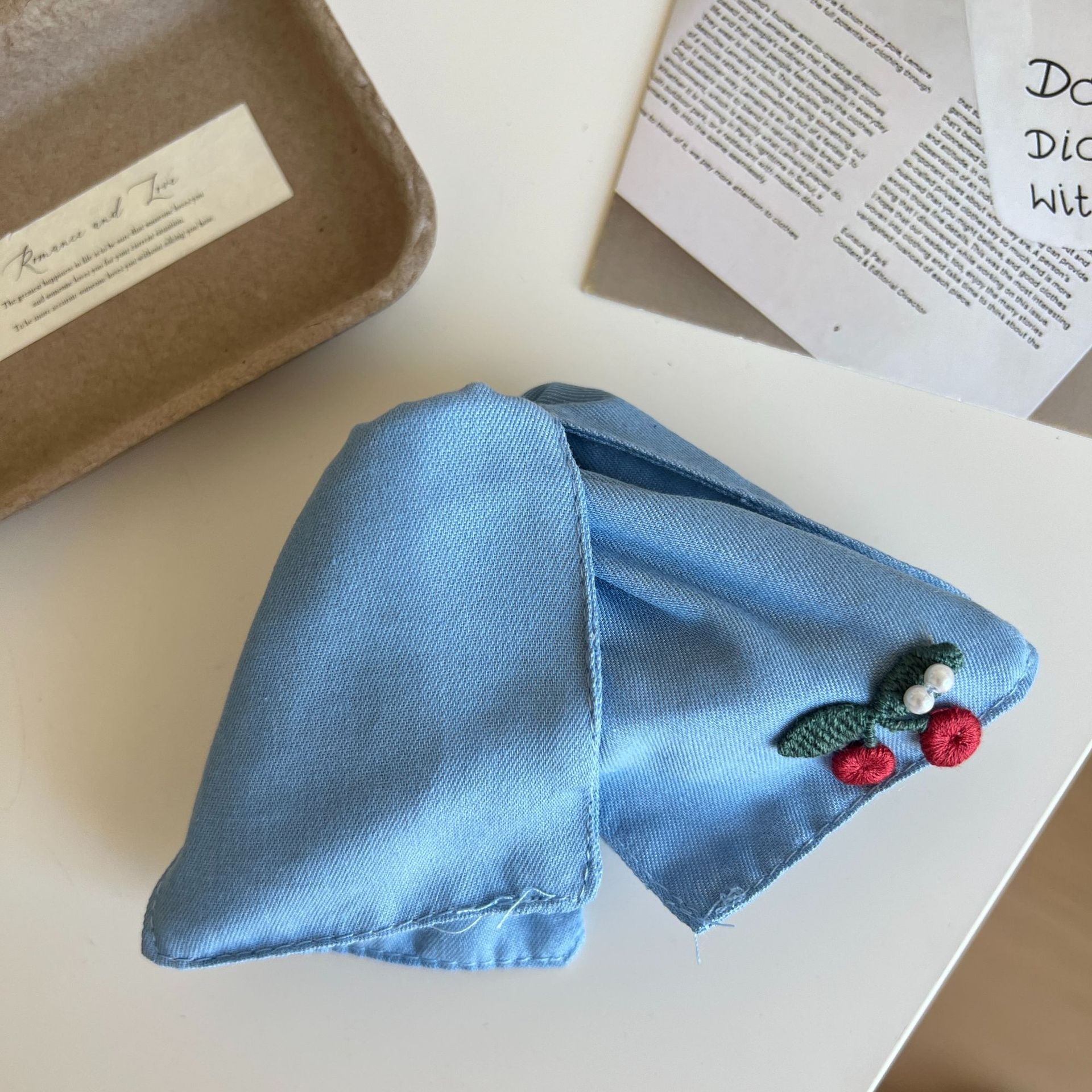 Women's Casual Denim Scrunchie Hair Accessory Cherry Embroidery