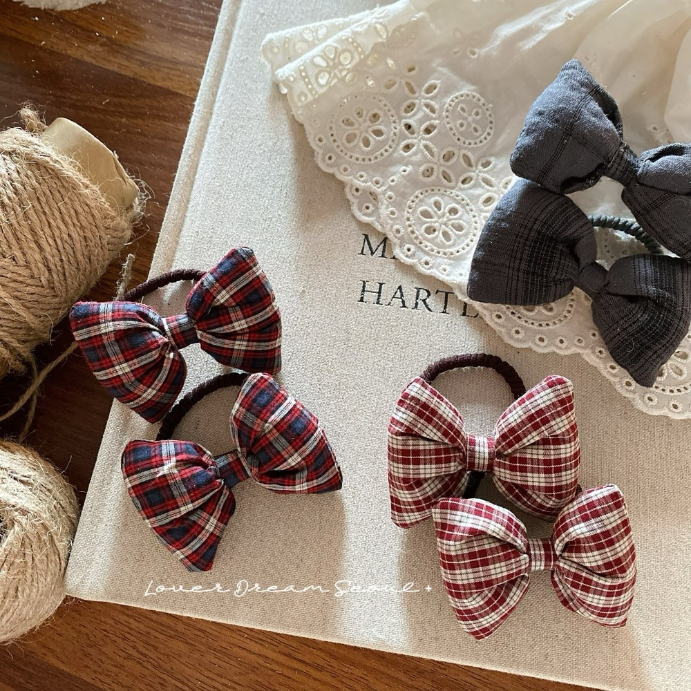 Women's High Elastic Plaid Butterfly Knot Hair Ties Cotton Filled 2-Pack