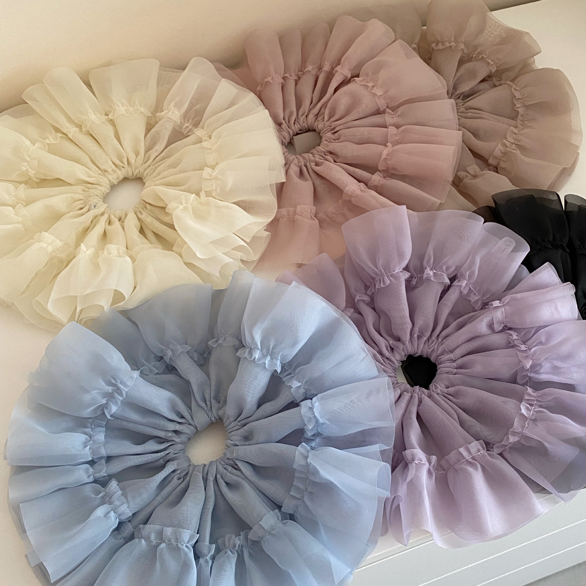 Women's Summer Sheer Gauze Large Fluffy Ponytail Scrunchie Solid Color