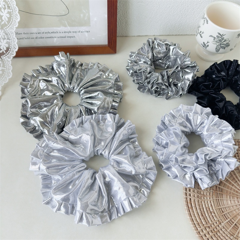 Women's Elegant Satin Pleated Hair Tie Silver Embroidered Flower