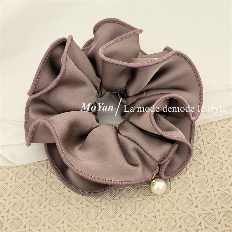 Women's Elegant Double-Layer Satin Flower Bow Hair Tie with Pearl Hanging Detail