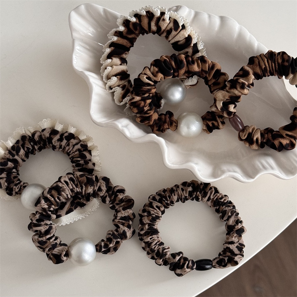 Women's Retro Leopard Print Hair Ties Vintage Pearl Elastic Hair Bands