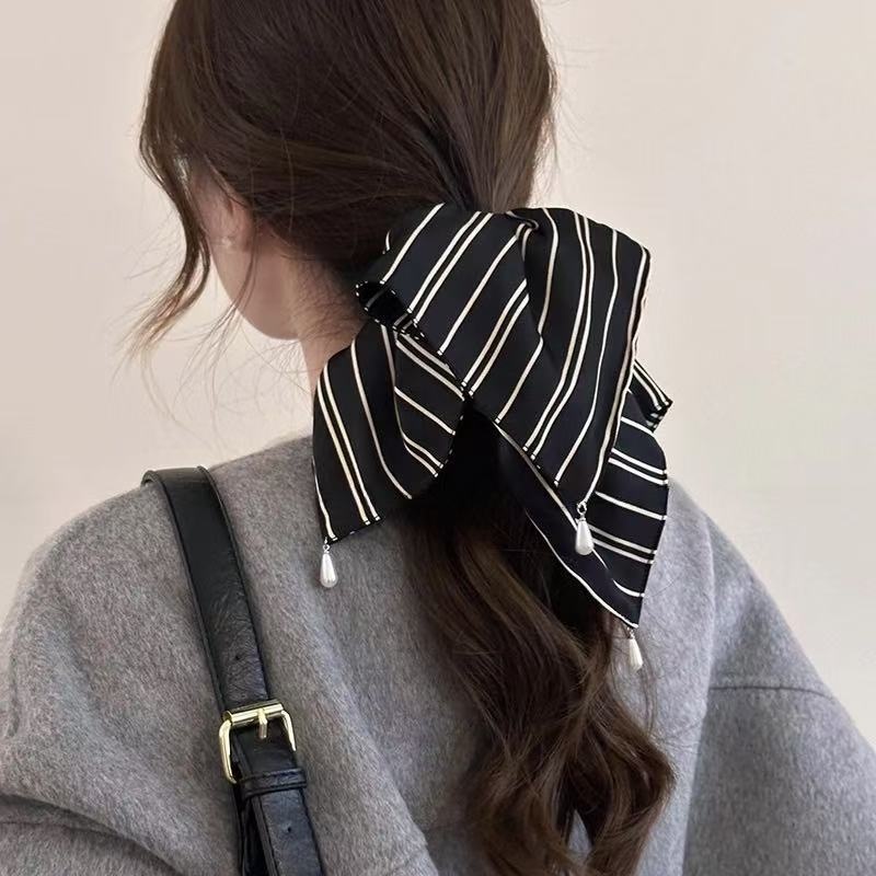 Women's Daily Satin Scarf Elastic Hair Tie Black White Stripes