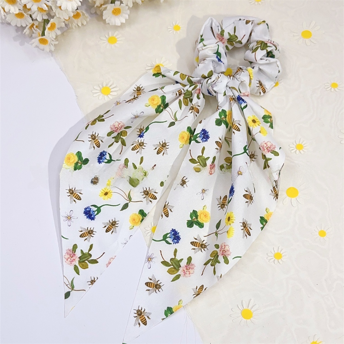 Women's Beach Cloth Hair Tie White Sunflower Bee Print