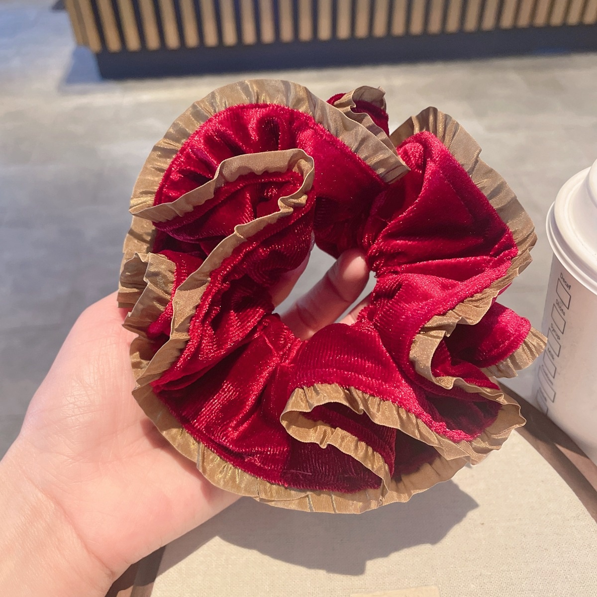 Women's French Velvet Lace Hair Tie Winter Accessory Wine Red Color Block