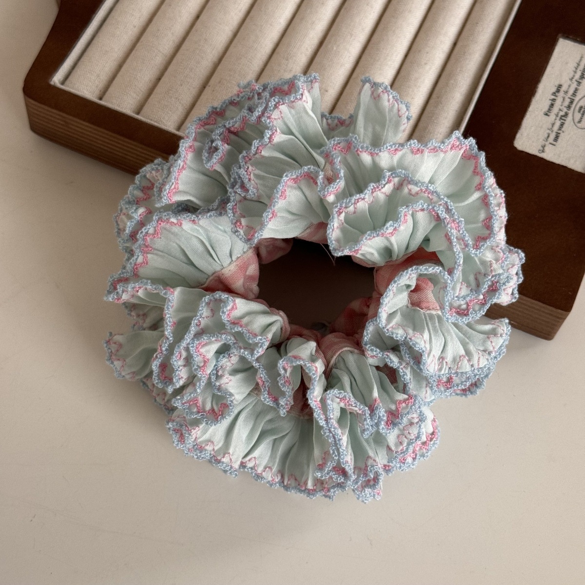 Women Daily Vintage Ruffled Bow Cloth Hairband Plaid Pink Blue