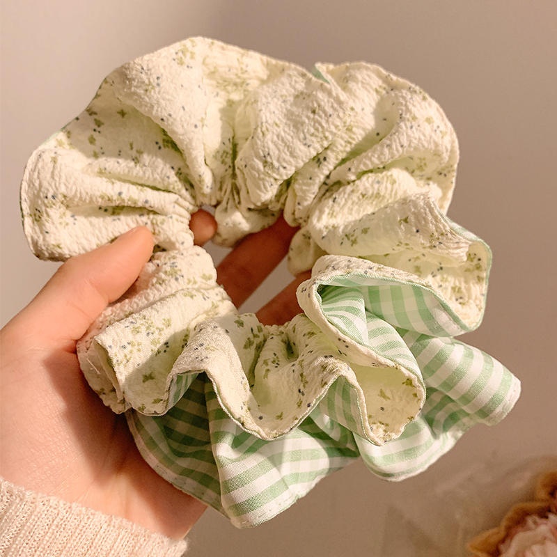 Women's Large Mori Style Scrunchie Beige Polka Dot Cloth Hair Tie