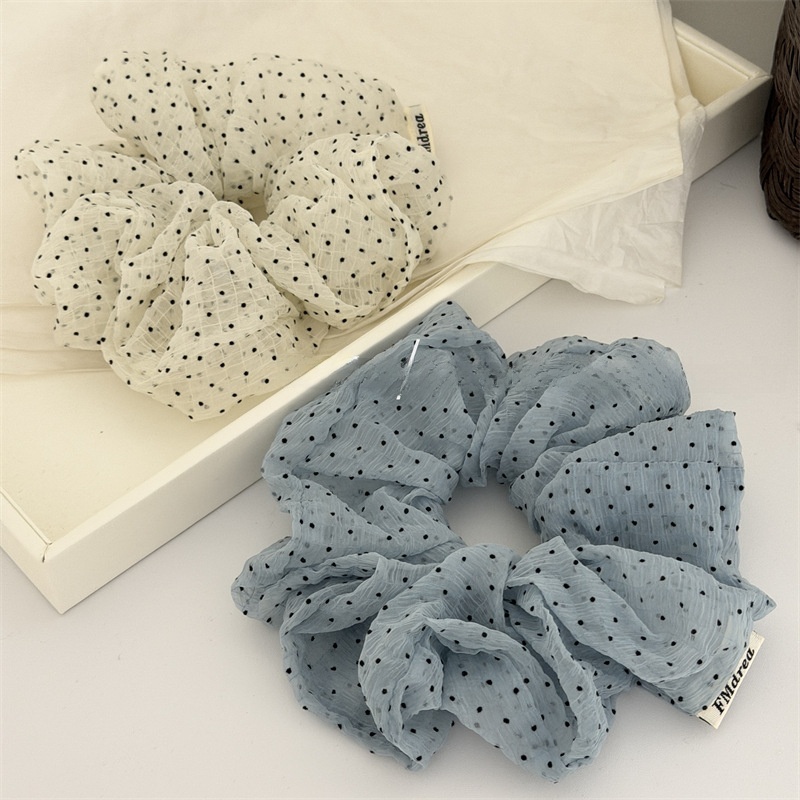 Women's Soft Tulle Ponytail Holder Hair Tie White and Blue Polka Dots