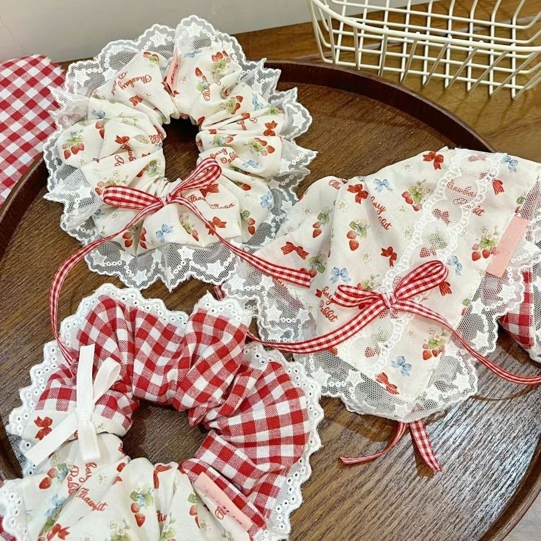 Women's Cloth Hair Scarf Tie Sweet Pastoral Strawberry Floral Lattice Print