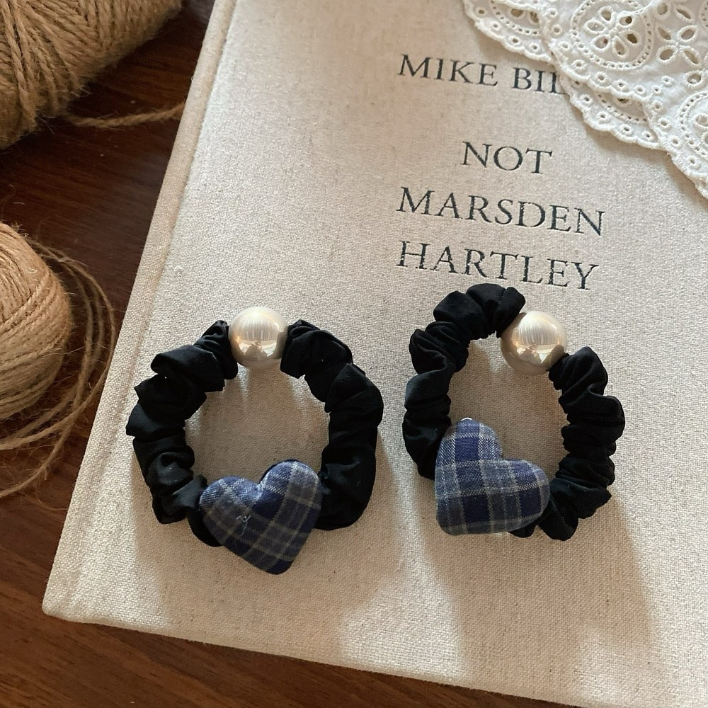 Women's Autumn Winter High Elastic Pearl Fabric Hair Ties Plaid Heart