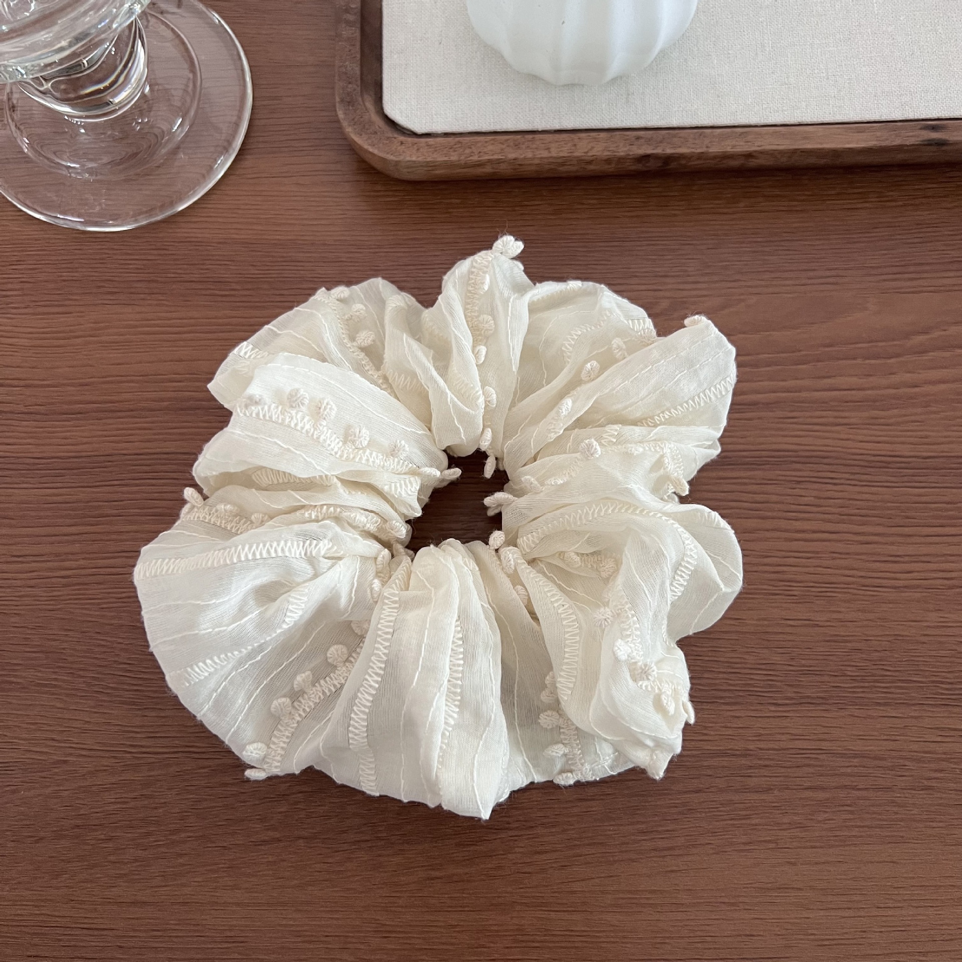 Women's Lace Scarf Hair Tie Headband For Bun Hairstyle Beige Tassel