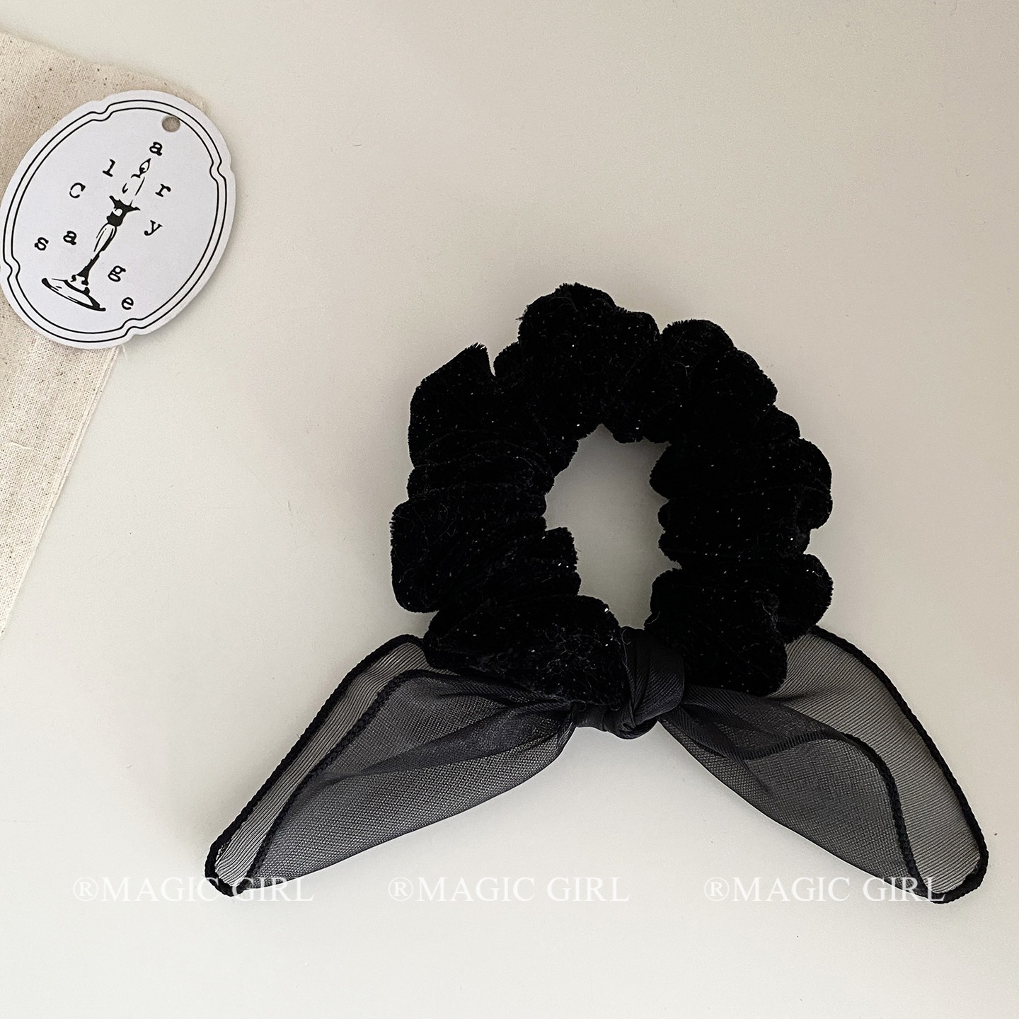 Women's Velvet Rabbit Ear Ponytail Holder Hairband Black Bowknot