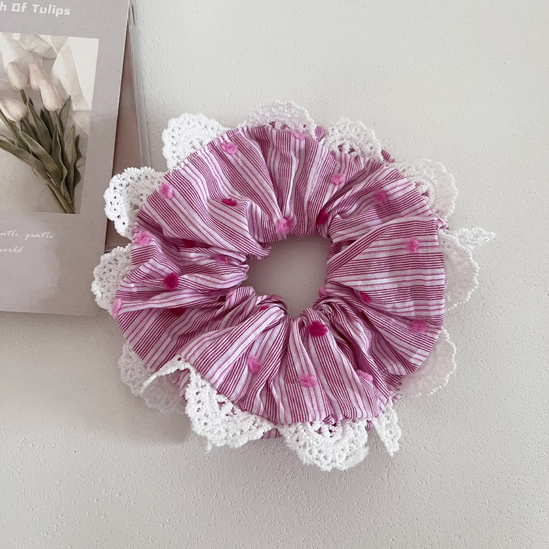 Women's Handmade Fabric Hair Bun Scrunchie Striped Polka Dot Lace Pink Blue