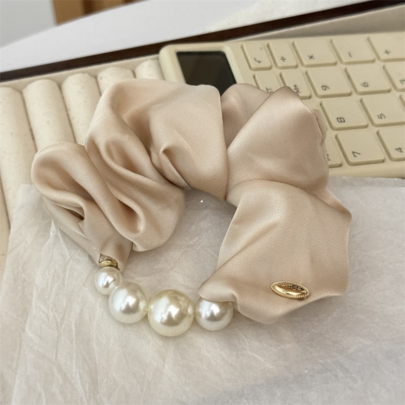 Women's Elegant Summer Satin Pearl Scrunchie Hair Tie Solid Pink