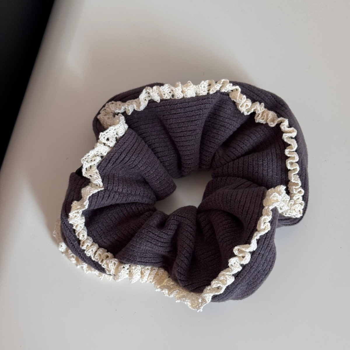 Women Casual Knitted Elastic Hairband Double Layer Lace Edge Solid Color