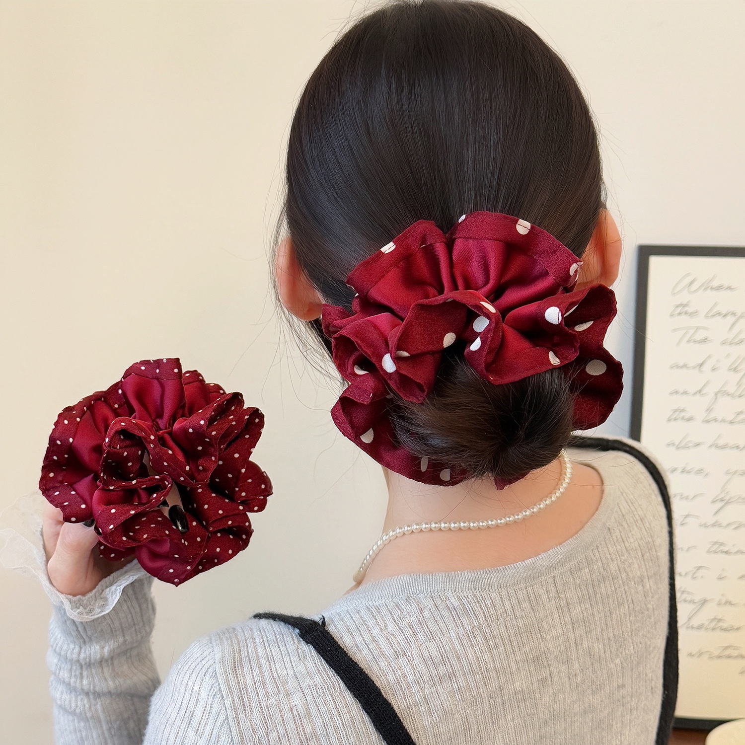 Women's French Red Polka Dot Double Layer Hair Band New Year Cloth Hair Tie