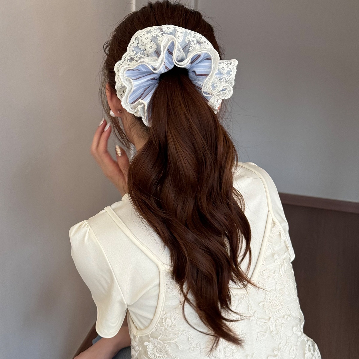 Women's Spring French Polyester Hair Tie Blue And Beige Striped Lace