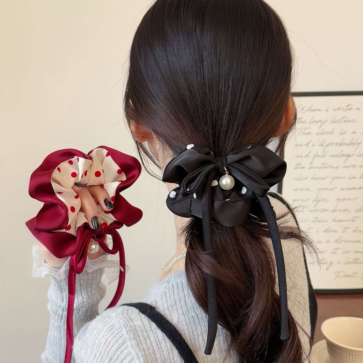 Women's Elastic Pearl Bow Cloth Hair Tie For Buns Black Red Polka Dot