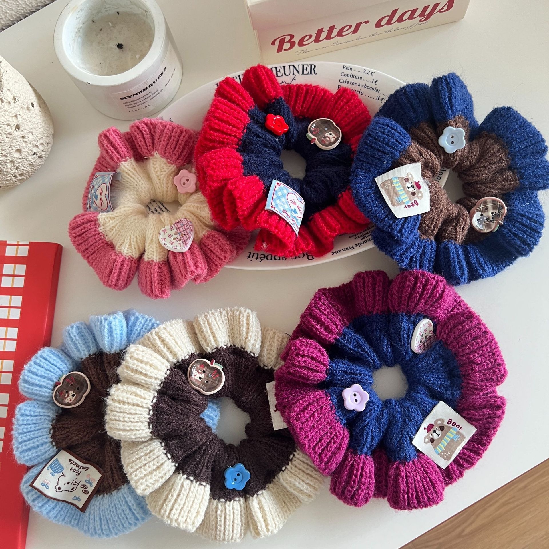 Women's Sweet Knitted Elastic Bun Hair Tie For Autumn Winter Color Block