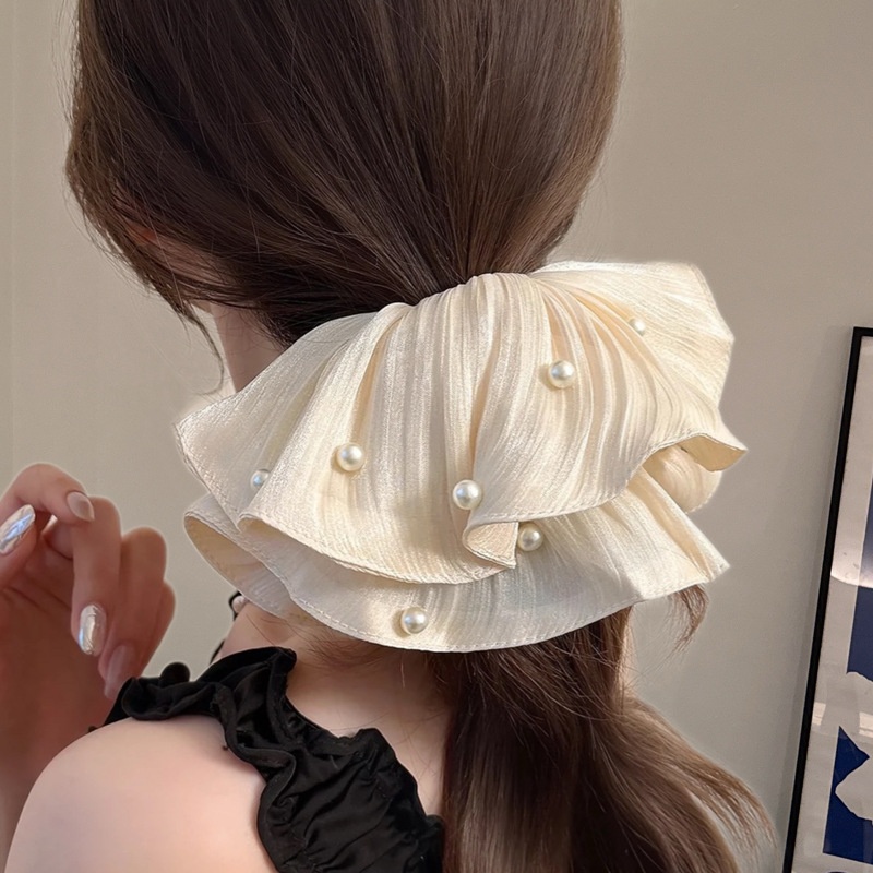 Women's Shiny Satin Pearl Large Bow Banquet Hair Tie Solid Color