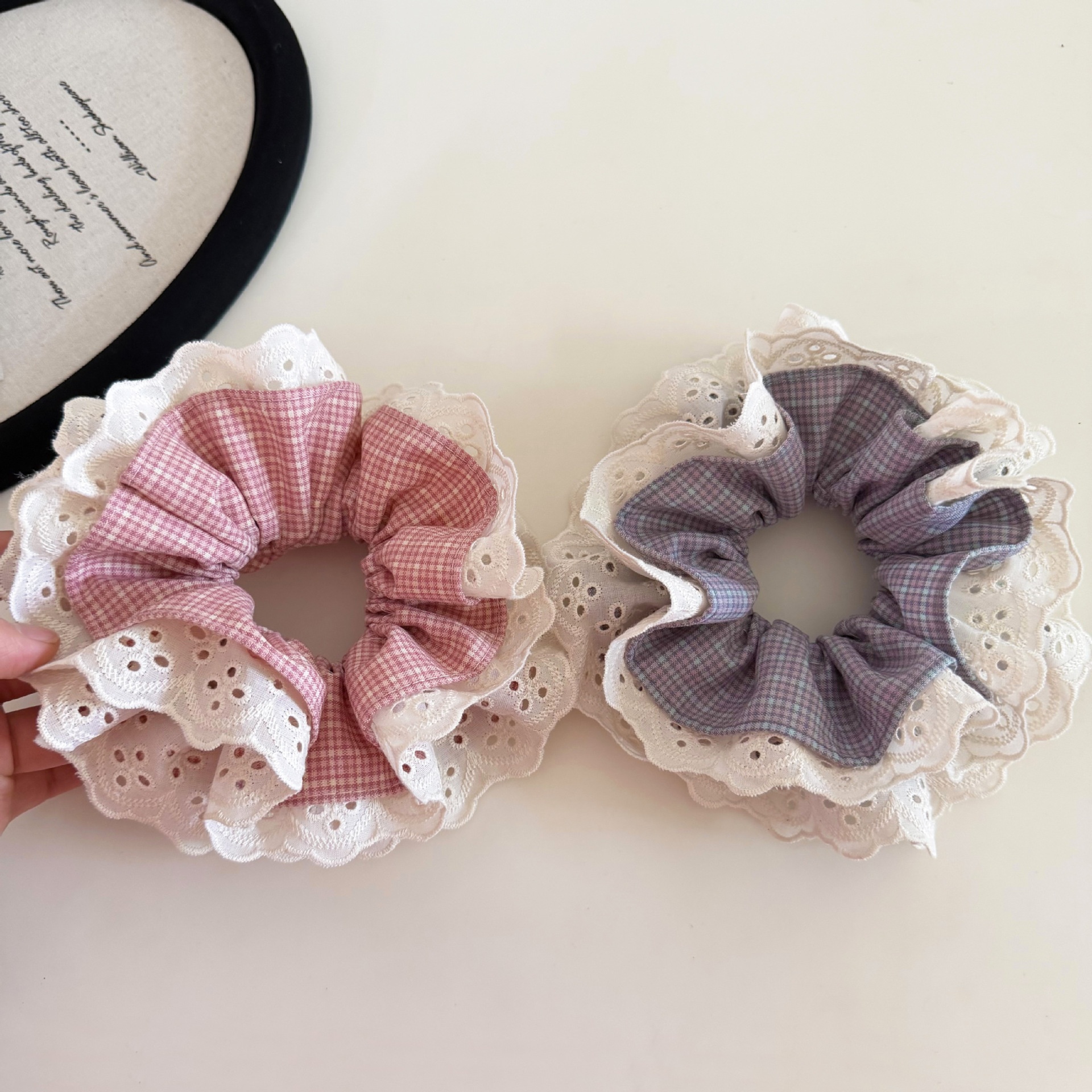 Women's Stylish Everyday Cloth Hair Tie Pink Blue Plaid Lace