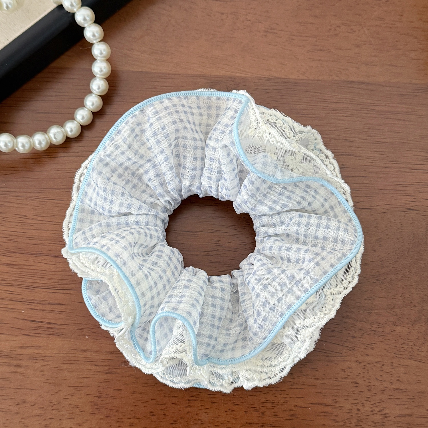 Women's Daily Preppy Style Gauze Hair Tie Classic Black Plaid