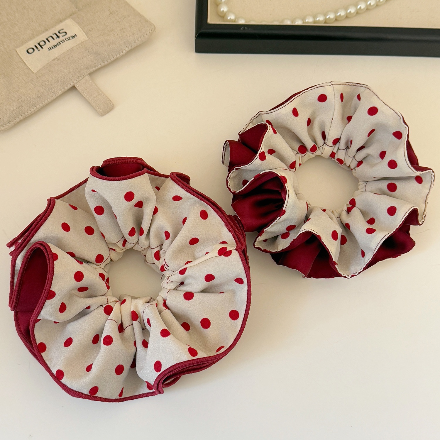 Women's Four-Layer Cloth Hair Tie For Bun Styling Red Polka Dot