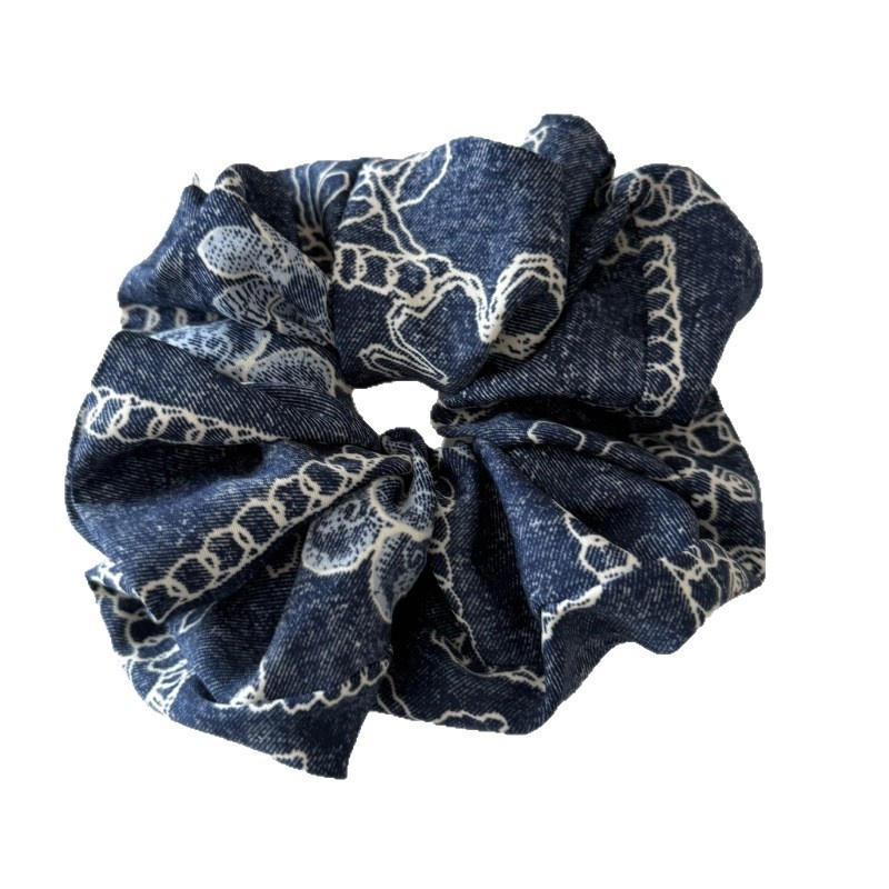 Women's Elegant Denim Blue Satin Hair Ties Large Silky Fashion Headscarves
