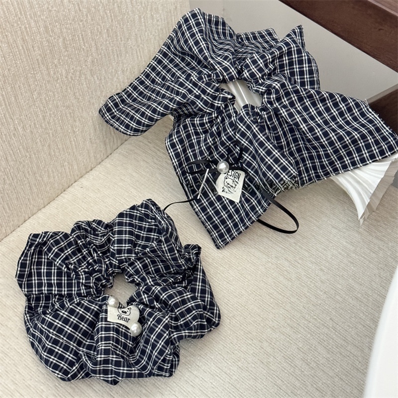 Women's Preppy Pearl Cloth Hair Scrunchies Navy Blue Checkered Plaid Pattern