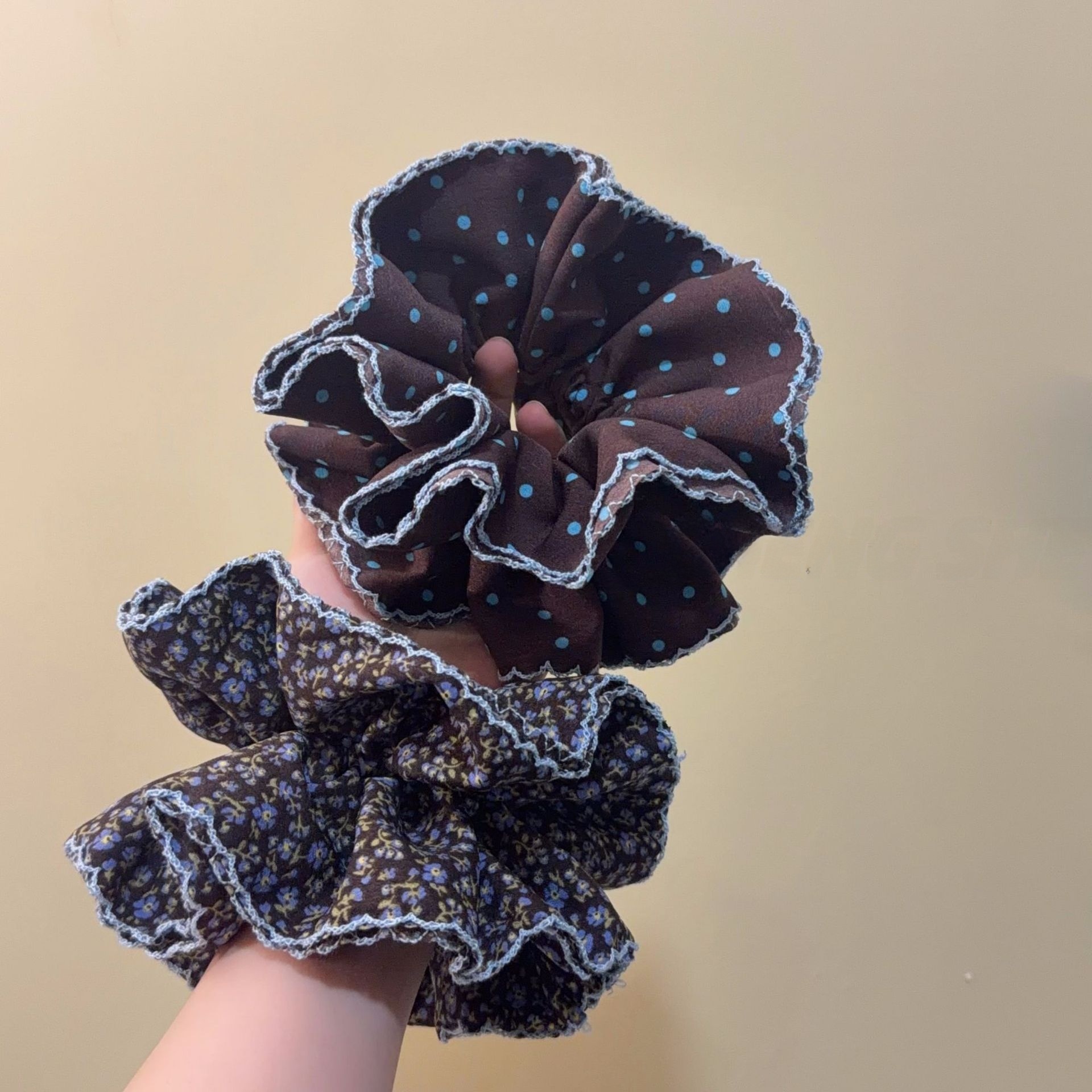 Women's Spring Summer Retro Lace Hair Tie Coffee Floral Polka Dots