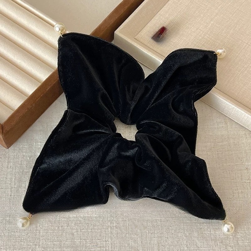 Women Pearl Velvet Scarf Hair Tie Braid Accessory Solid Color