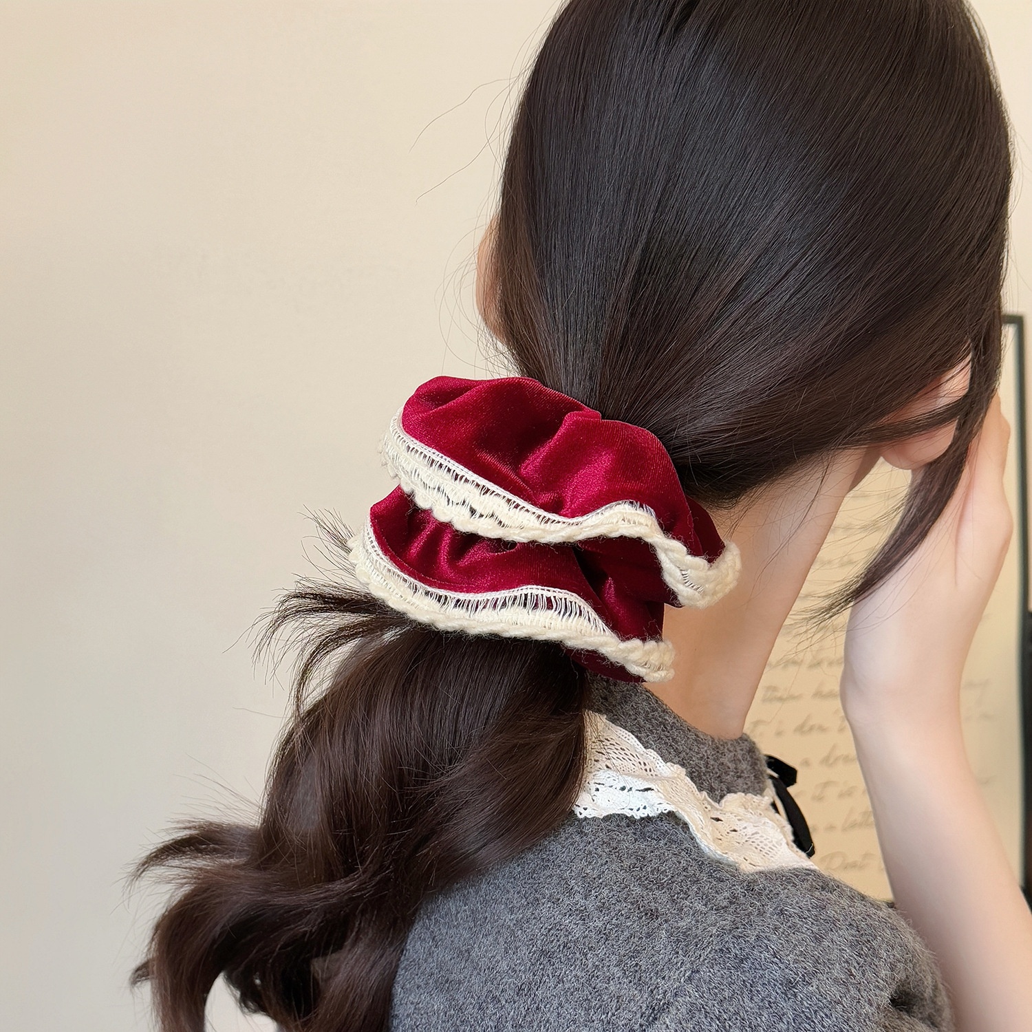 Women's Elegant Velvet Lace Hair Tie for Buns and Ponytails Coffee Red Black