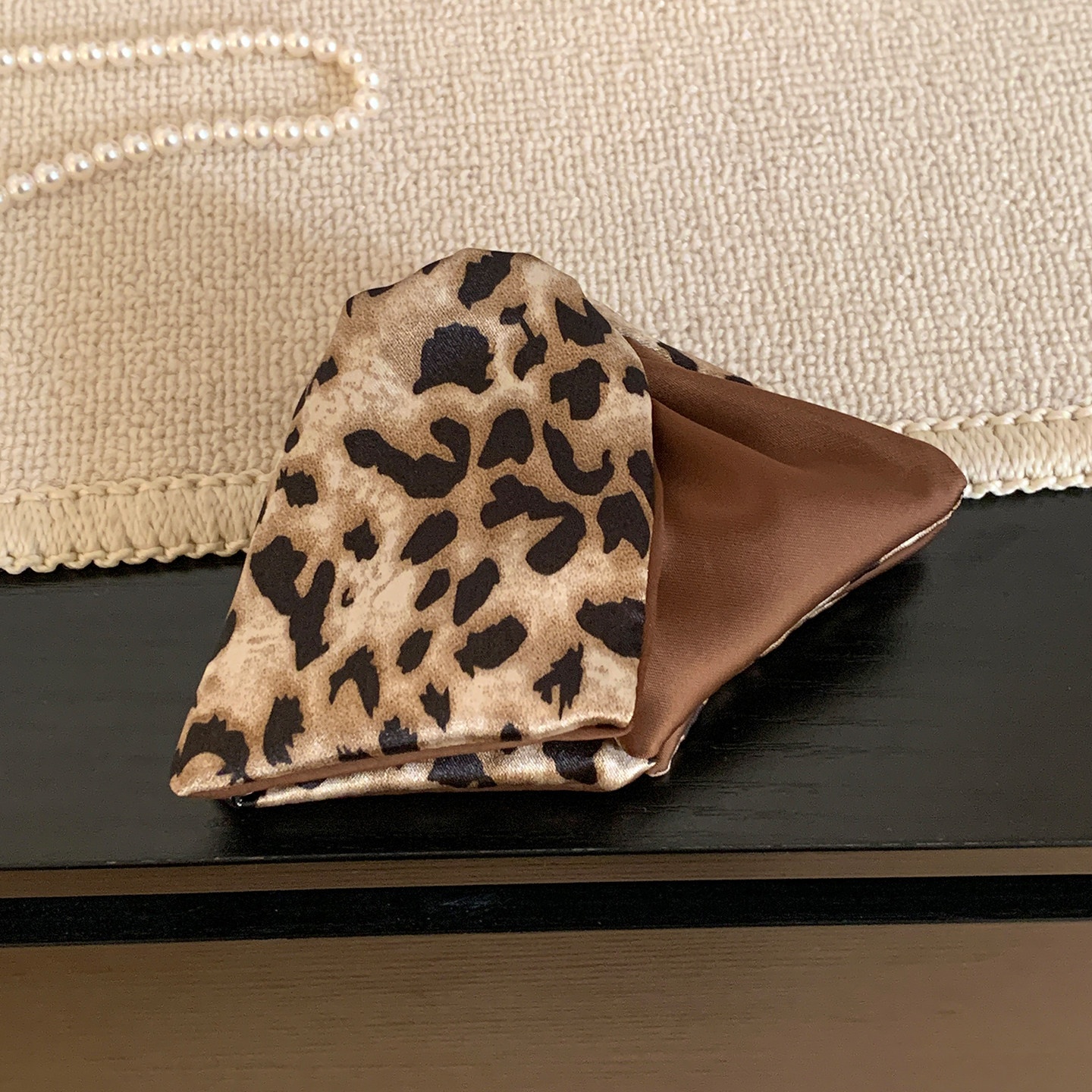 Women Autumn Winter Satin High Bun Hair Tie Yellow Brown Leopard Print