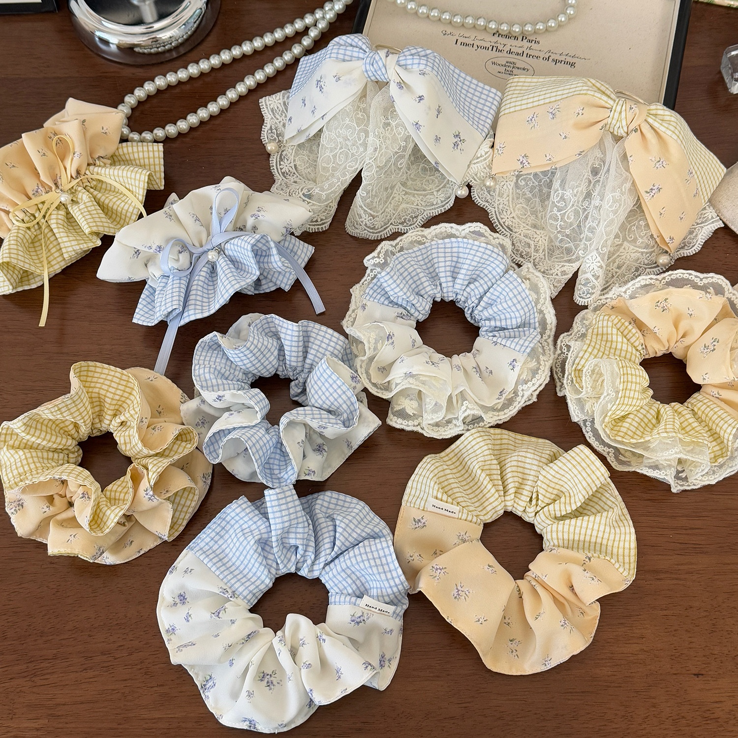 Women Spring Preppy Lace Fabric Hair Tie Scrunchie Blue Yellow Plaid