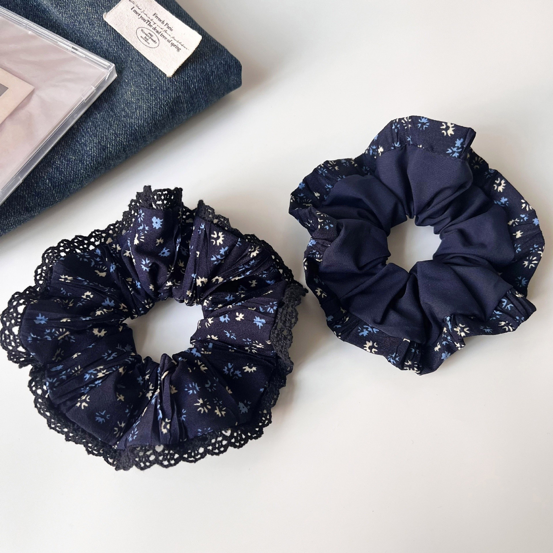 Women's Autumn Retro Cloth Hair Tie Navy Blue Ditsy Floral