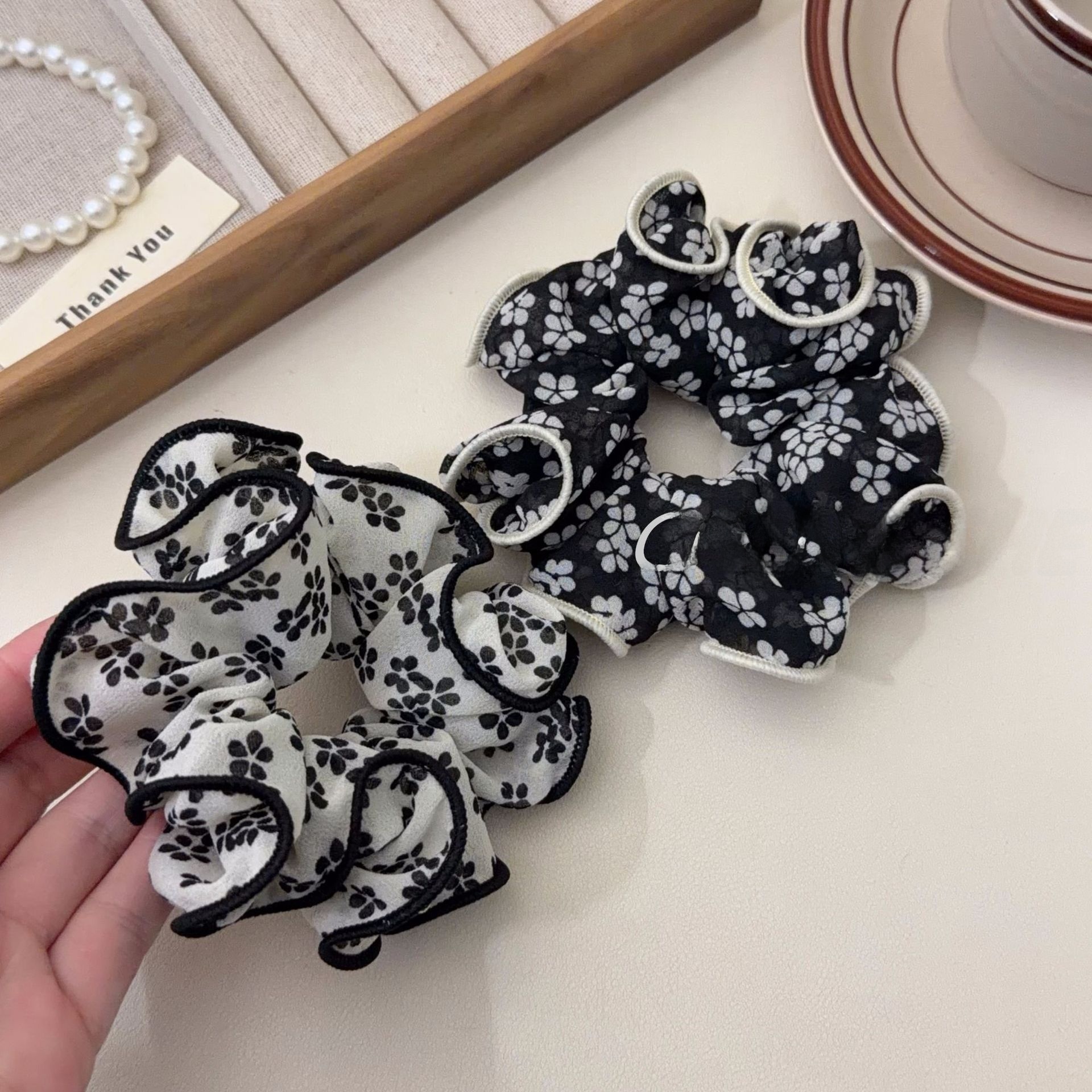 Women's Spring Summer French Style Cloth Hair Tie Black Ditsy Floral