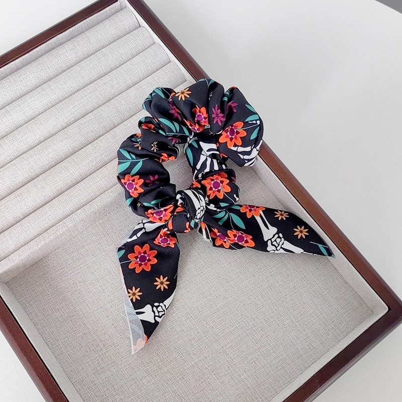 Women's Retro Large Bow Hair Tie Halloween Pumpkin Ghost Bat Print Fabric Art