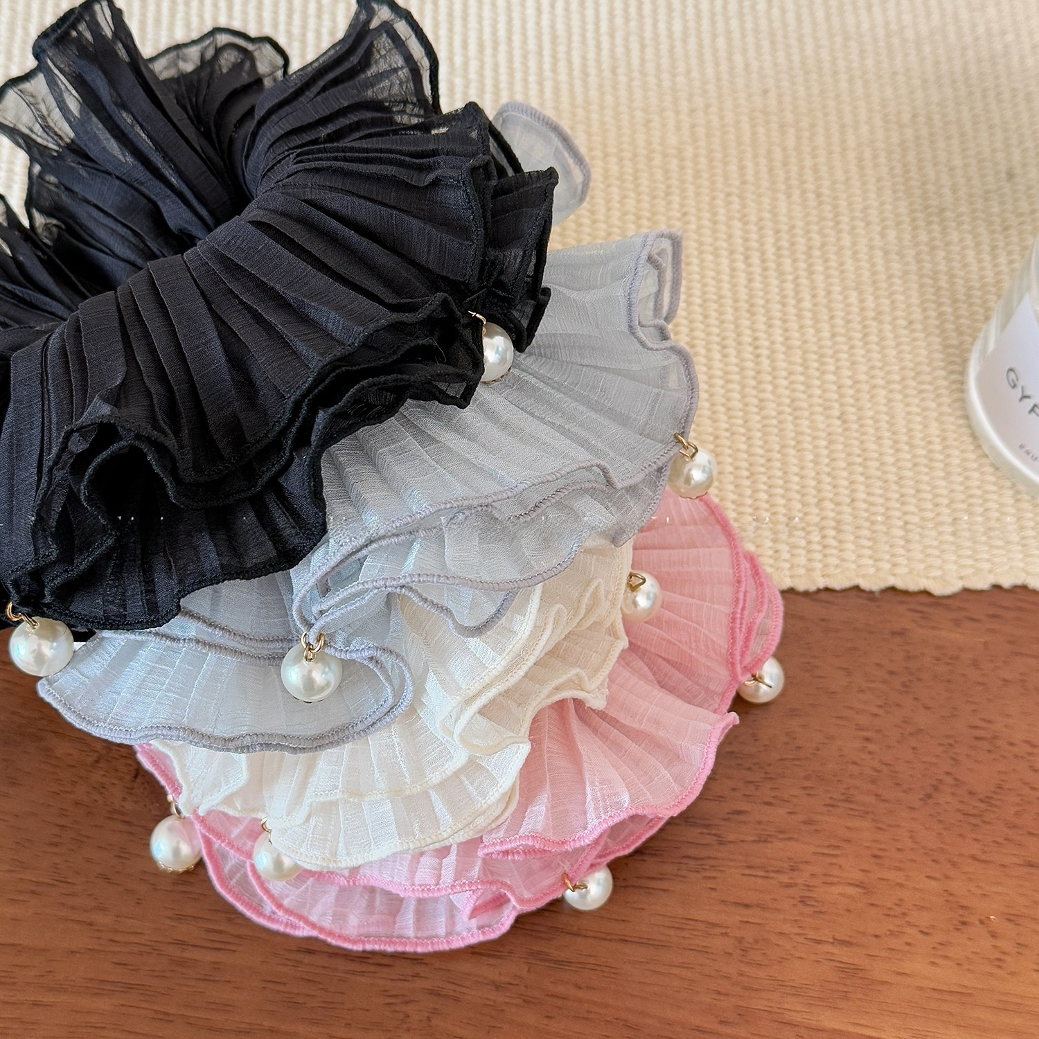 Women Summer Fairy Pearl Mesh Flower Scrunchie Hair Tie Solid Color