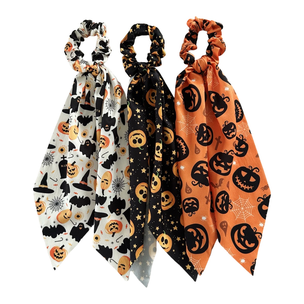 Women's Satin Ponytail Ribbon Hair Tie Dark Halloween Pumpkin Print