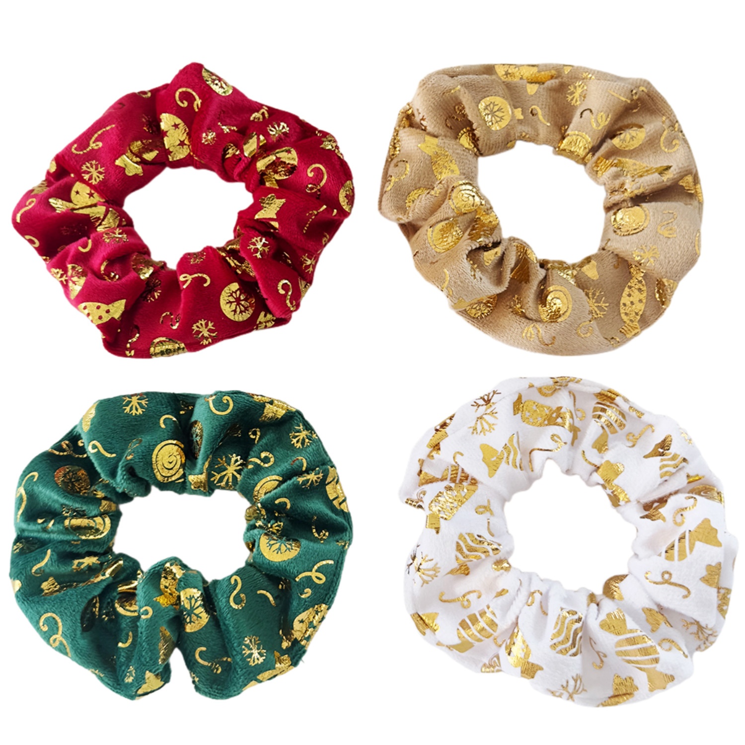 Women's Festive Velvet Hair Scrunchies Gold Embossed Christmas Tree