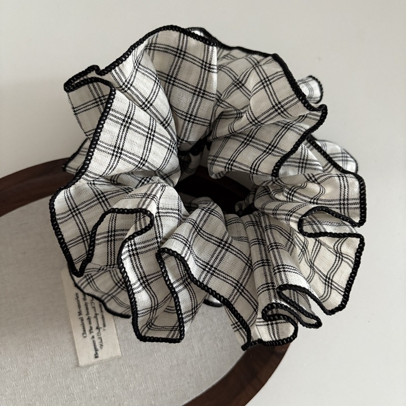 Women's Large 4-Layer Fabric Hair Tie For Daily Wear Plaid Khaki Beige Black