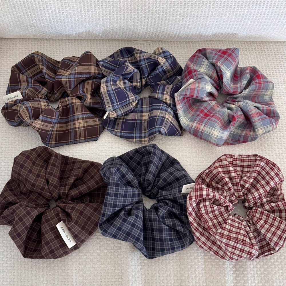 Women's Retro Cloth Low Ponytail Bun Hair Bands Dark Plaid